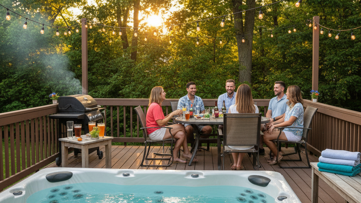 Friends enjoying a warm late May evening gathering around a backyard hot tub with string lights and lush Indiana greenery