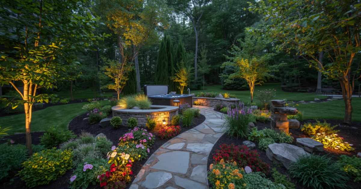 Beautifully landscaped Indiana backyard with stone pathways, garden lighting, and hot tub integrated into the landscape design