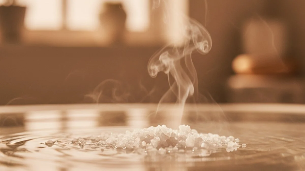 Epsom salt mineral crystals dissolving in warm, steaming spa water
