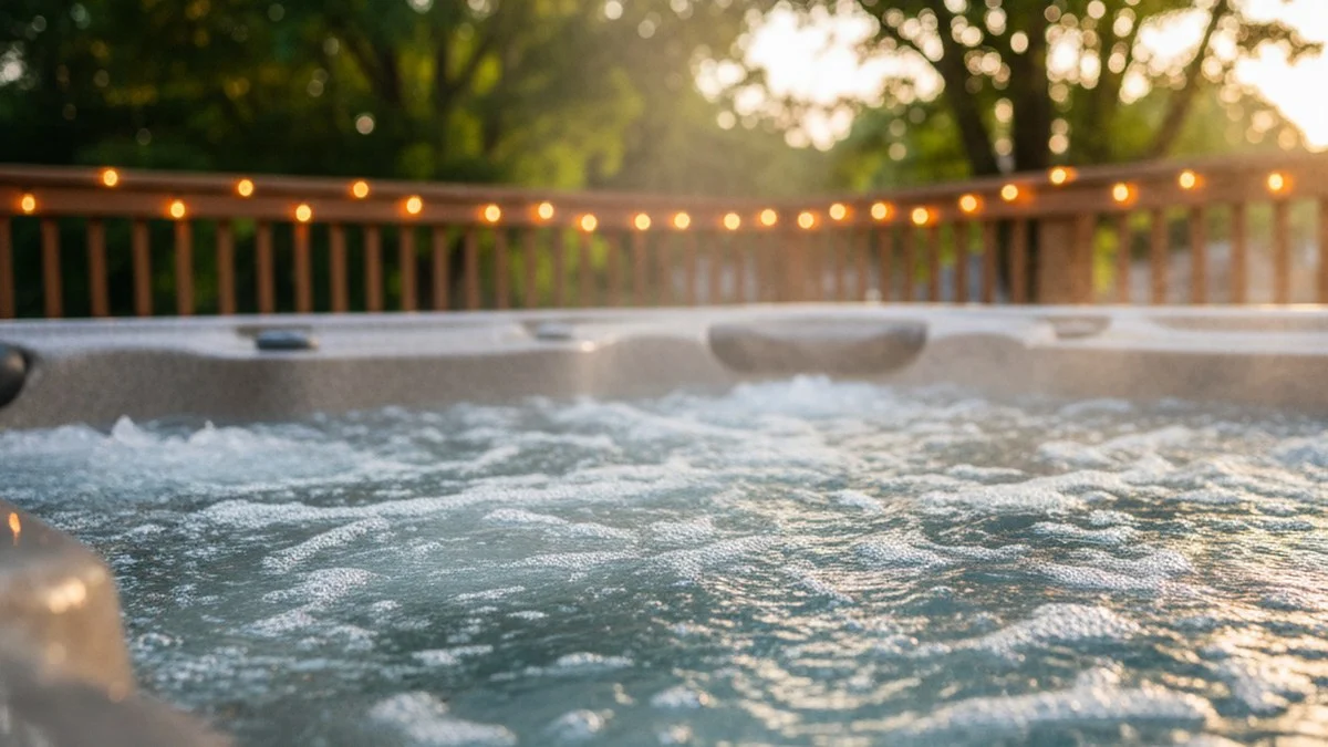 Steam rising over bubbling water in a Royal Spa hot tub on an Indiana backyard deck at sunset