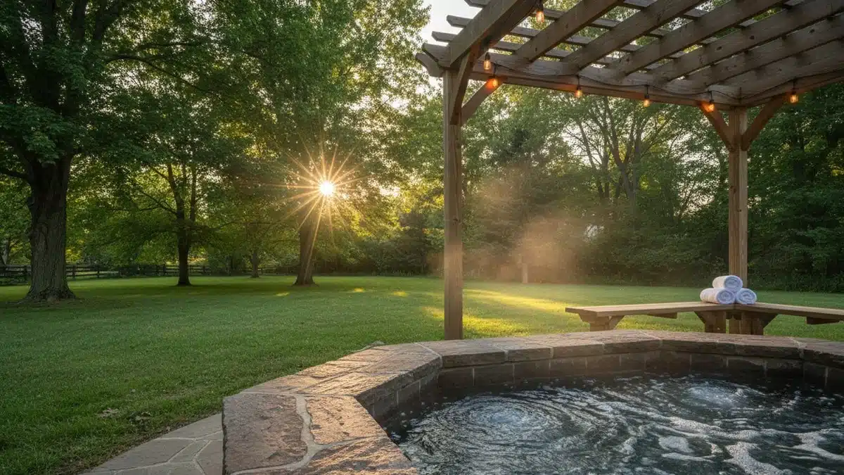 Steam rising from spa water at the stone edge of an Indiana backyard at golden hour, pergola and string lights above