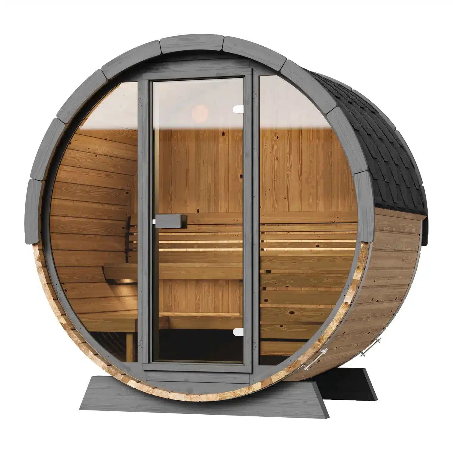 FINSAUNA Reviva Deluxe 400 4-person barrel sauna with Glass Front