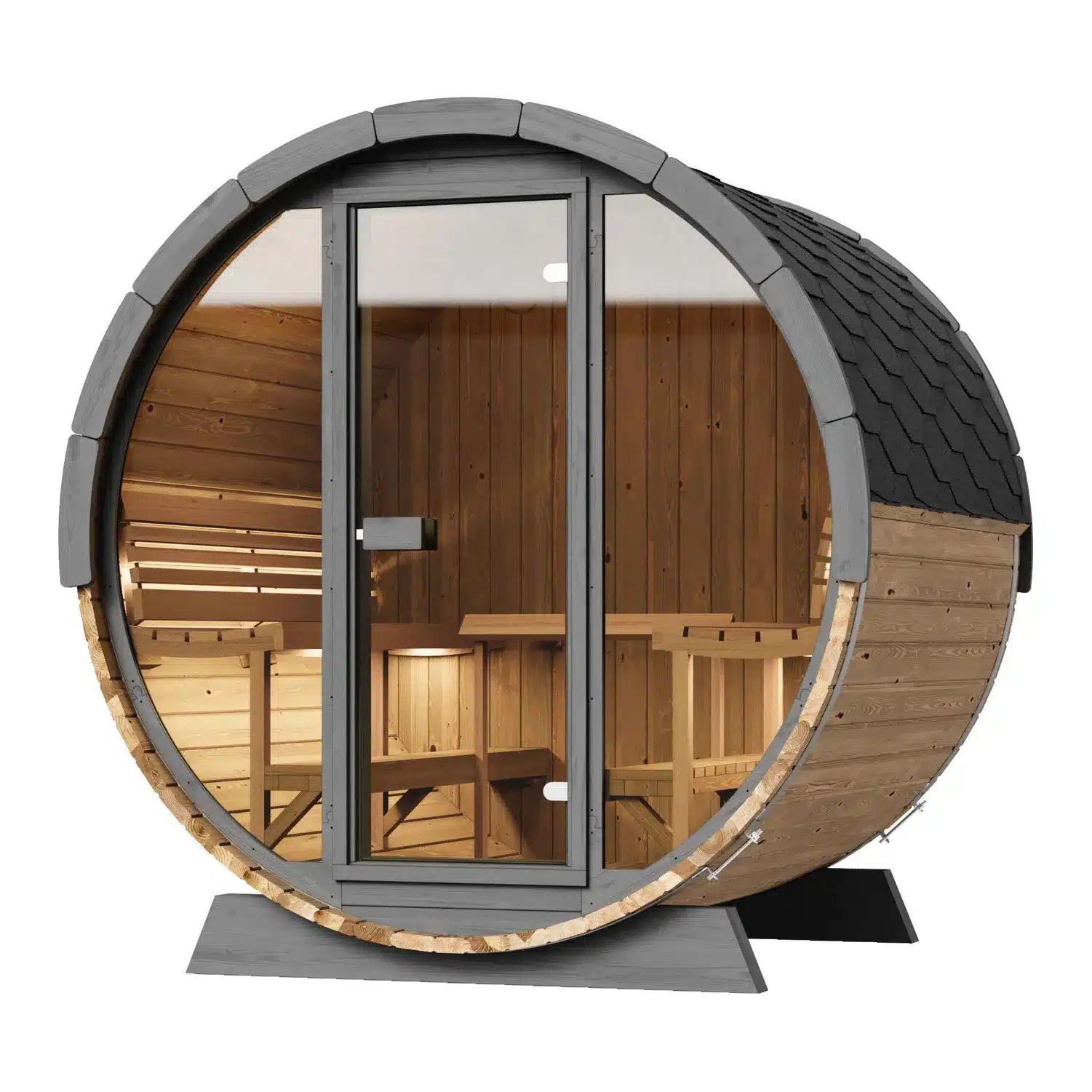 FINSAUNA Reviva Deluxe 600 6-person barrel sauna with Glass Front