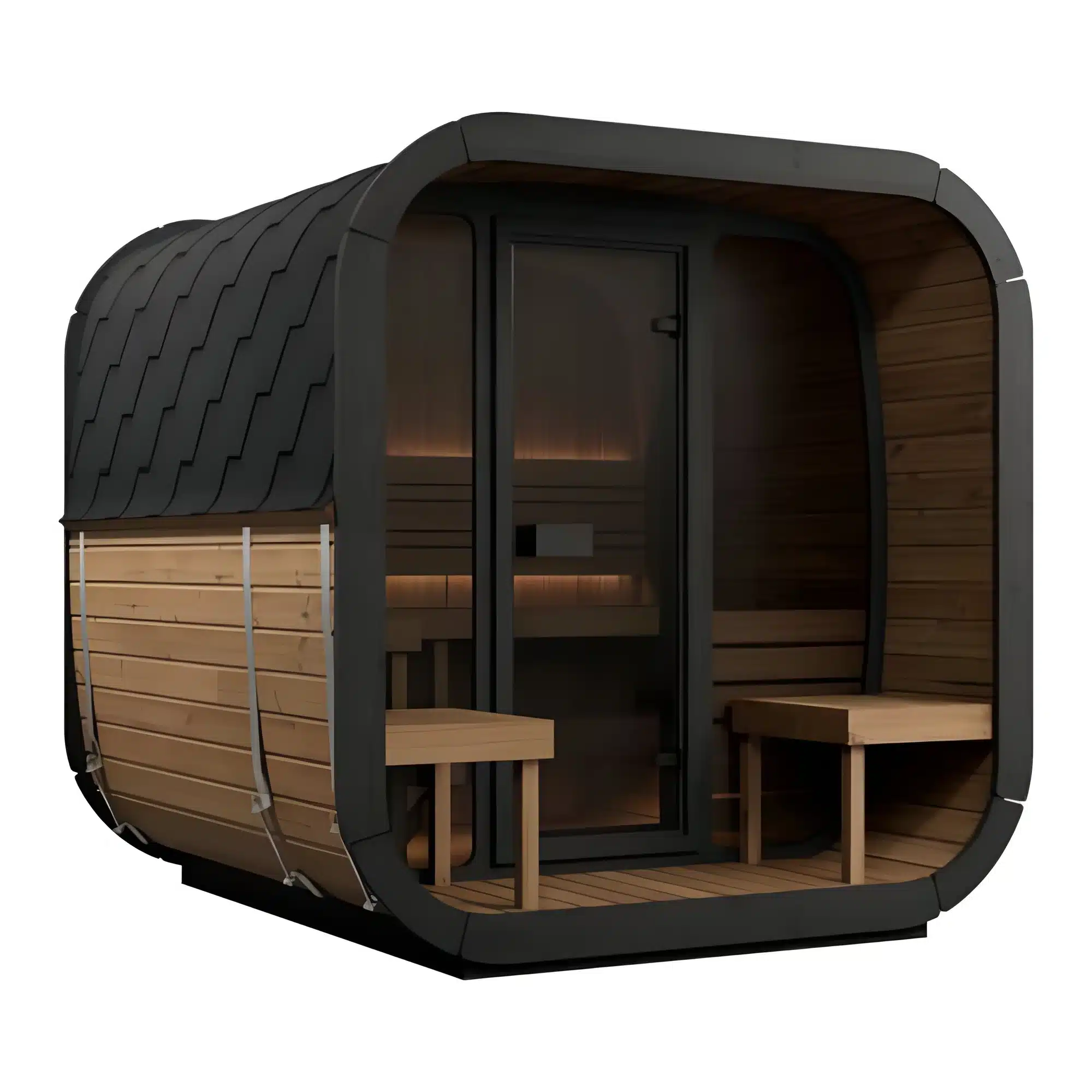FINSAUNA Solara 400P sauna, front angle with porch